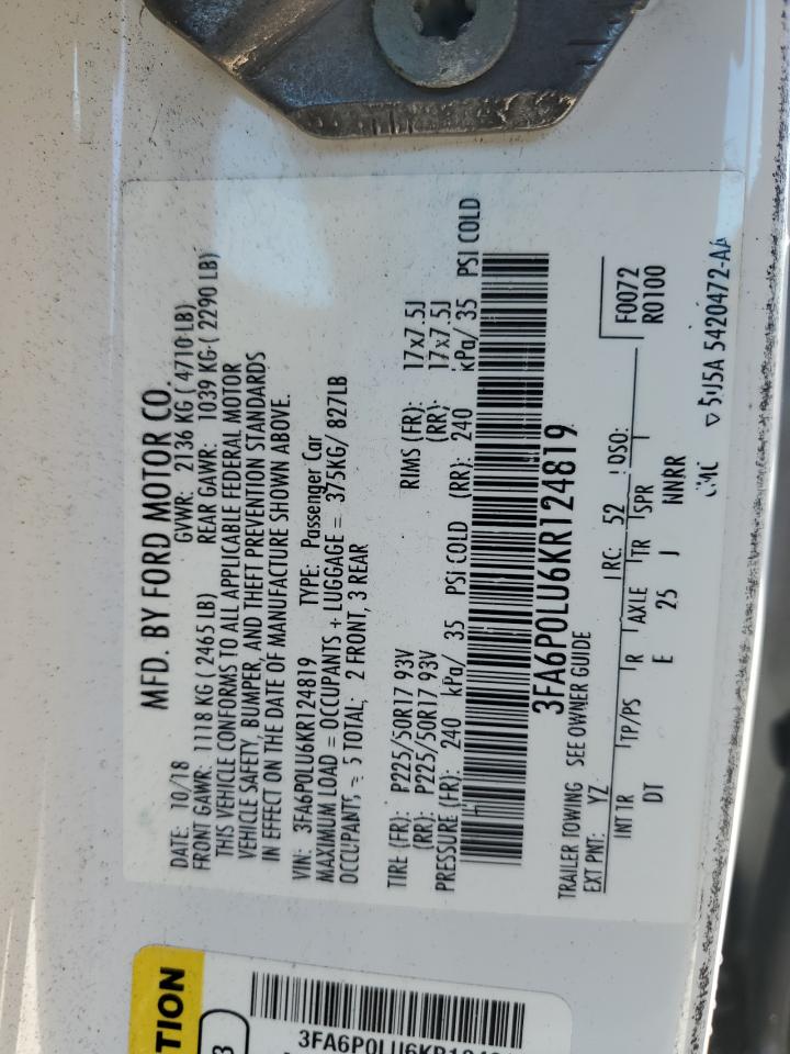 2019 Ford Fusion Se VIN: 3FA6P0LU6KR124819 Lot: 54023705