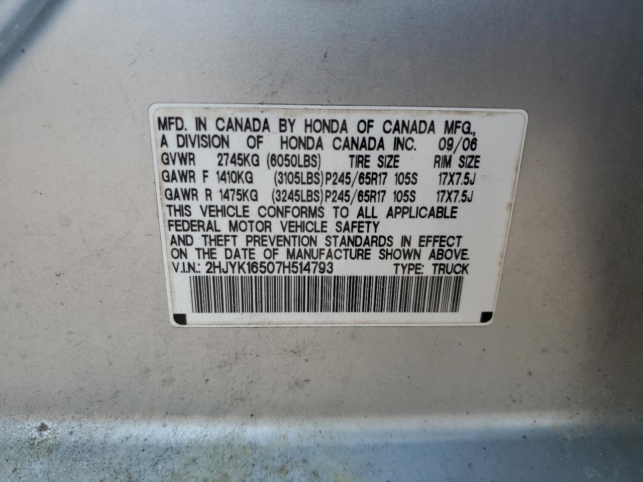 2007 Honda Ridgeline Rtl VIN: 2HJYK16507H514793 Lot: 55803145