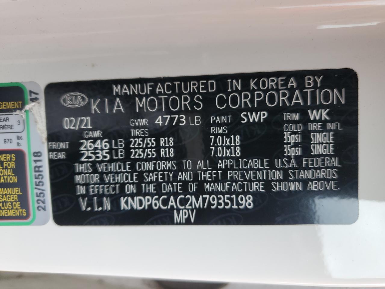 2021 Kia Sportage S VIN: KNDP6CAC2M7935198 Lot: 57063705