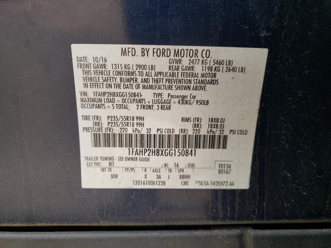 2016 Ford Taurus Sel VIN: 1FAHP2H8XGG150841 Lot: 57253265