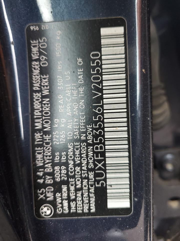 2006 BMW X5 4.4I VIN: 5UXFB53556LV20550 Lot: 55978765