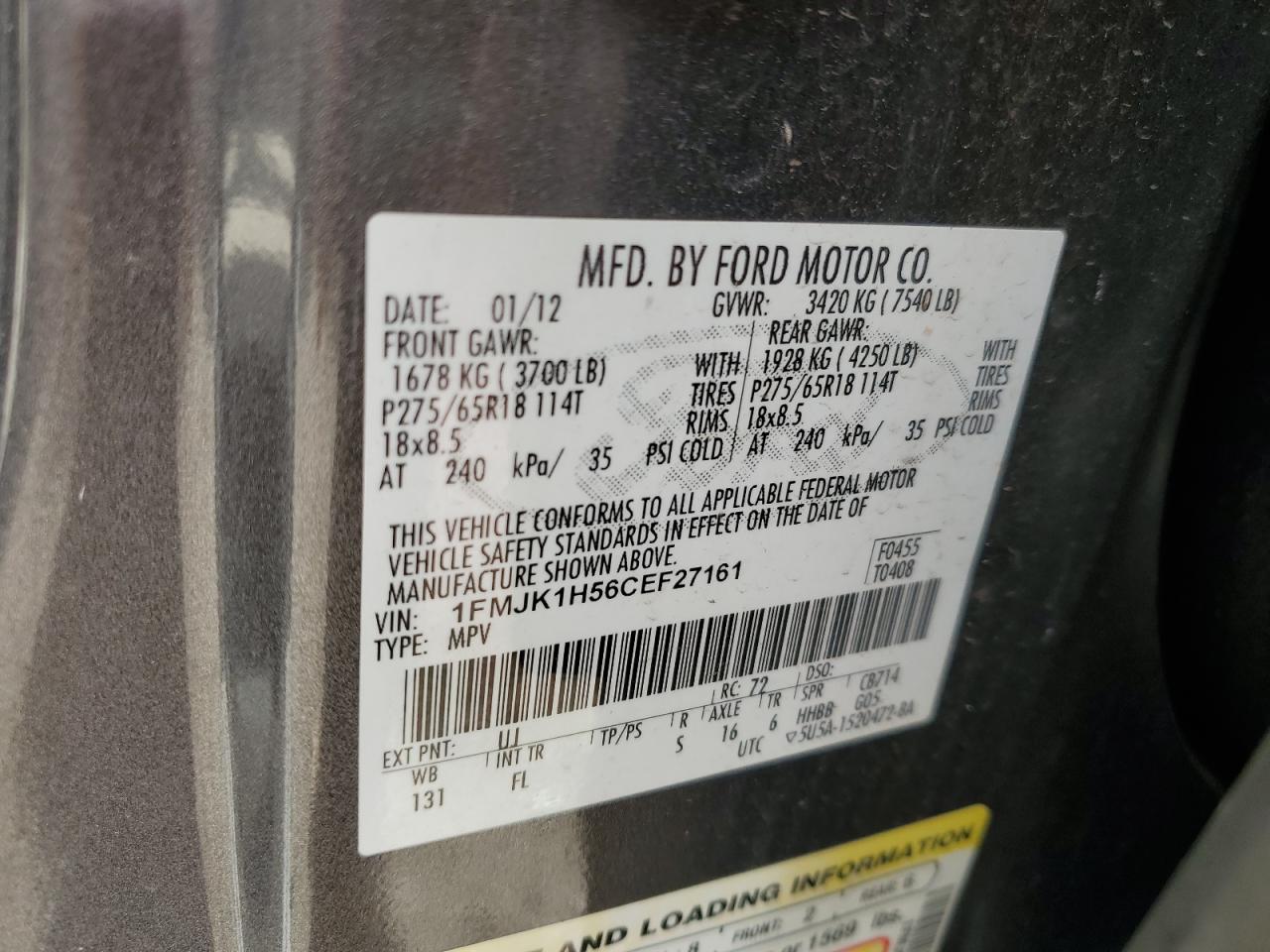 2012 Ford Expedition El Xlt VIN: 1FMJK1H56CEF27161 Lot: 56864625
