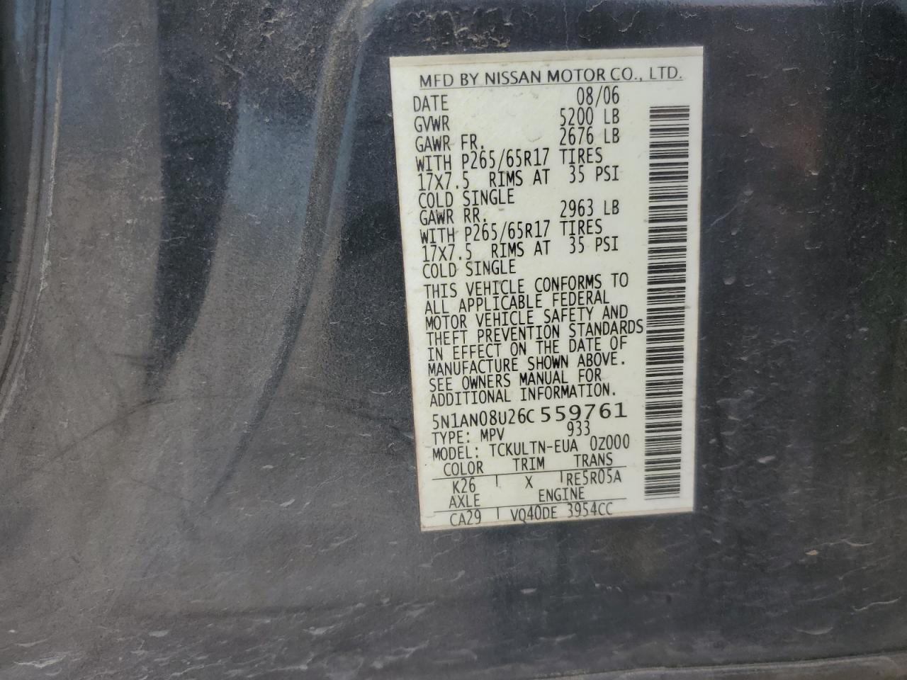 2006 Nissan Xterra Off Road VIN: 5N1AN08U26C559761 Lot: 56799985