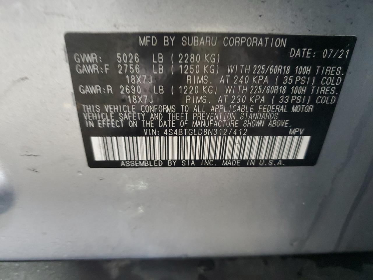 2022 Subaru Outback Onyx Edition Xt VIN: 4S4BTGLD8N3127412 Lot: 55615445