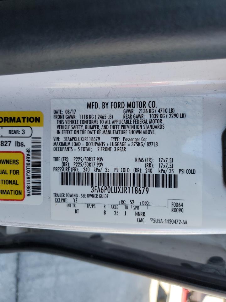2018 Ford Fusion Se Hybrid VIN: 3FA6P0LUXJR118679 Lot: 54025195