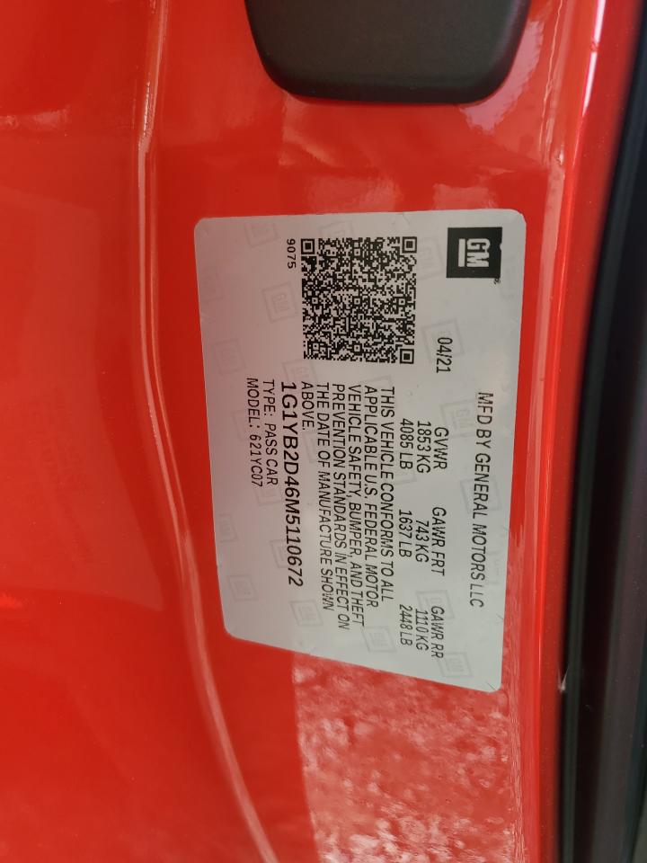 2021 Chevrolet Corvette Stingray 2Lt VIN: 1G1YB2D46M5110672 Lot: 58524185