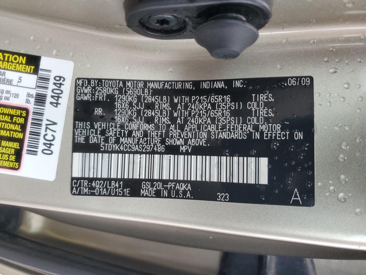 2010 Toyota Sienna Xle VIN: 5TDYK4CC9AS297486 Lot: 56726165
