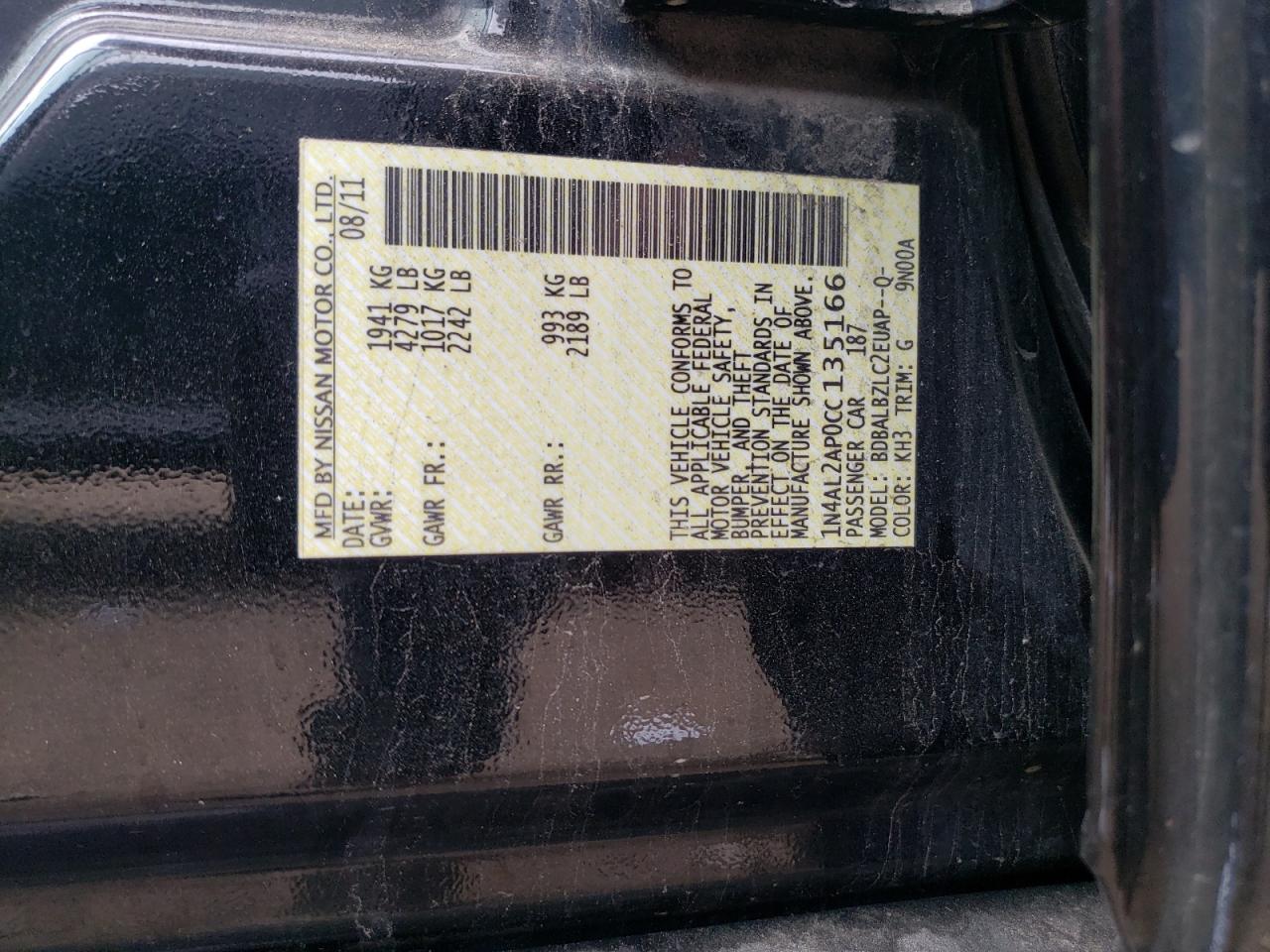 2012 Nissan Altima Base VIN: 1N4AL2AP0CC135166 Lot: 56250475