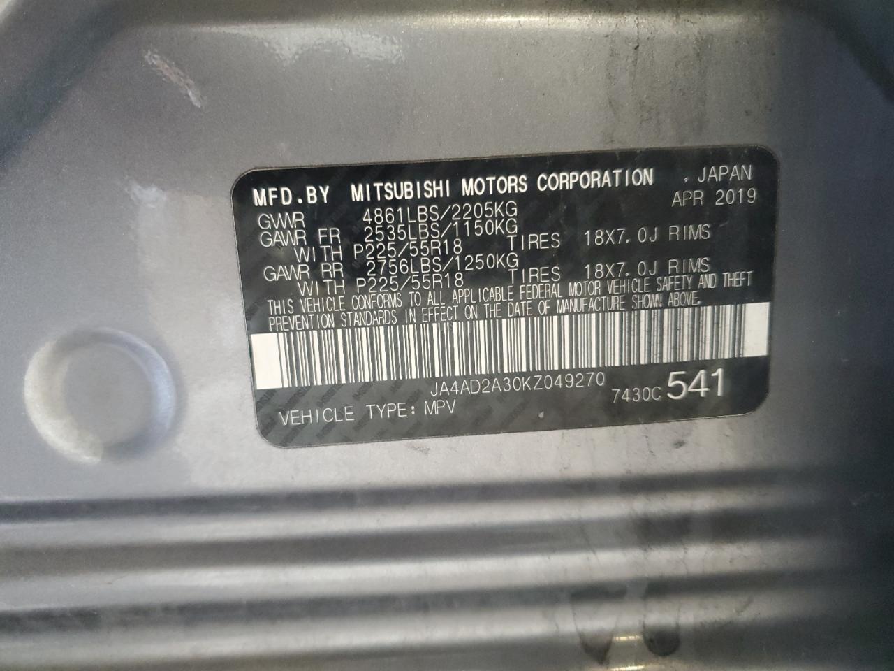 2019 Mitsubishi Outlander Es VIN: JA4AD2A30KZ049270 Lot: 56407755