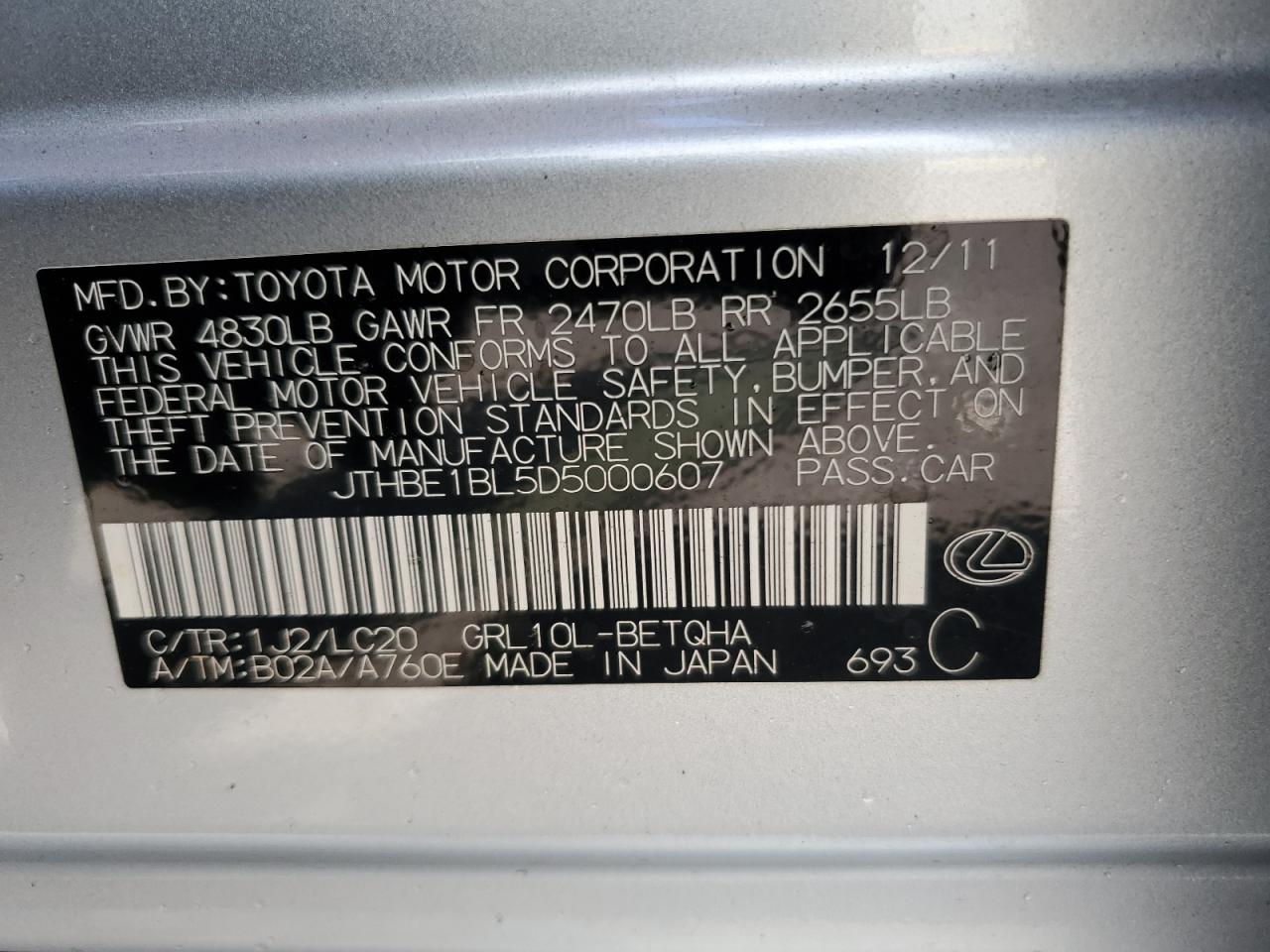 2013 Lexus Gs 350 VIN: JTHBE1BL5D5000607 Lot: 55643495
