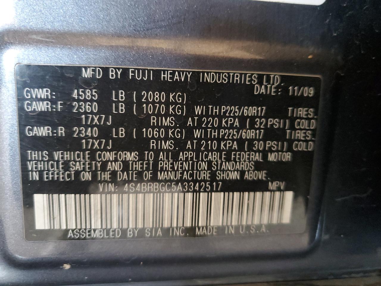 2010 Subaru Outback 2.5I Premium VIN: 4S4BRBGC5A3342517 Lot: 57253295