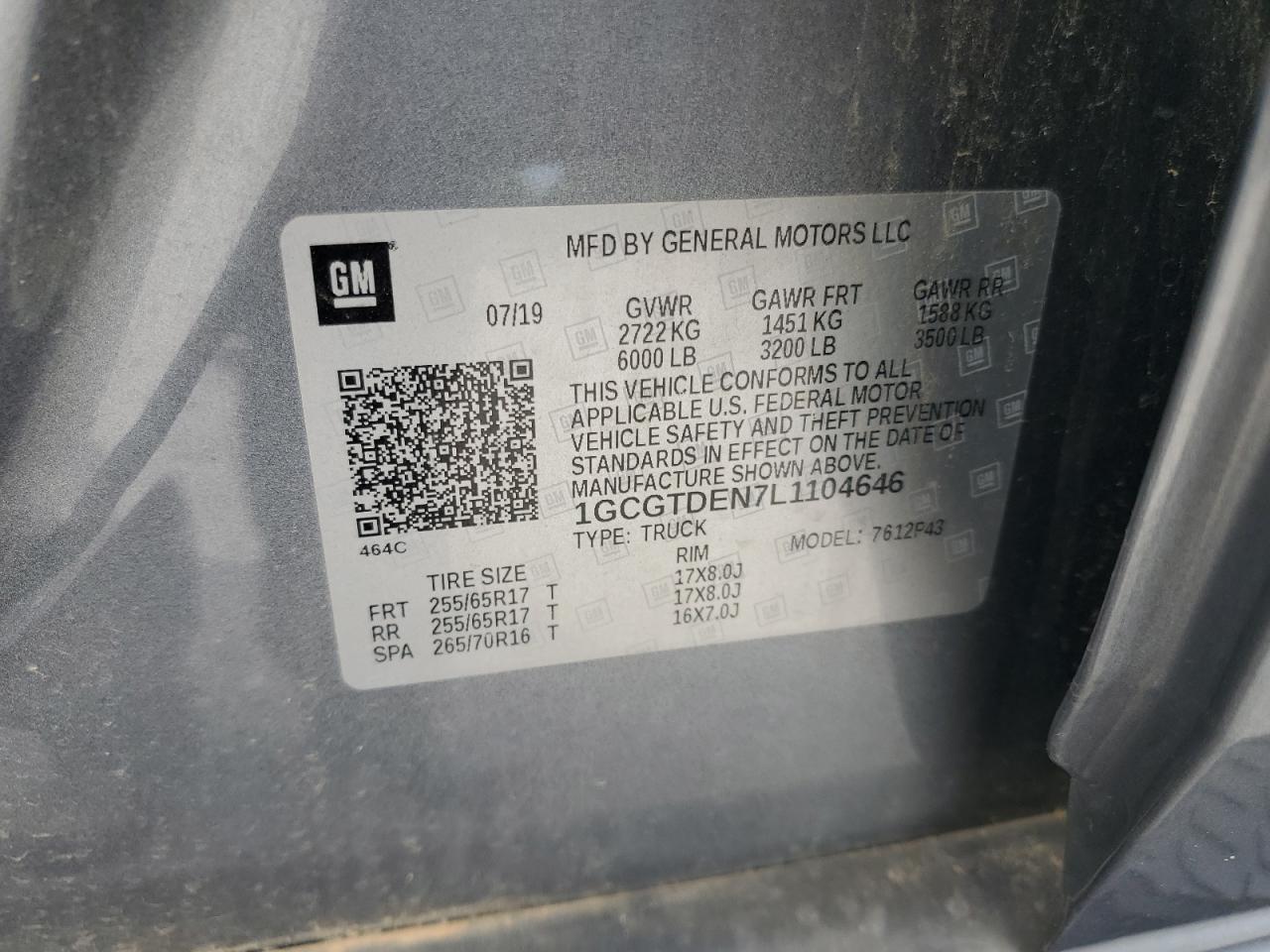 2020 Chevrolet Colorado Z71 VIN: 1GCGTDEN7L1104646 Lot: 55837575