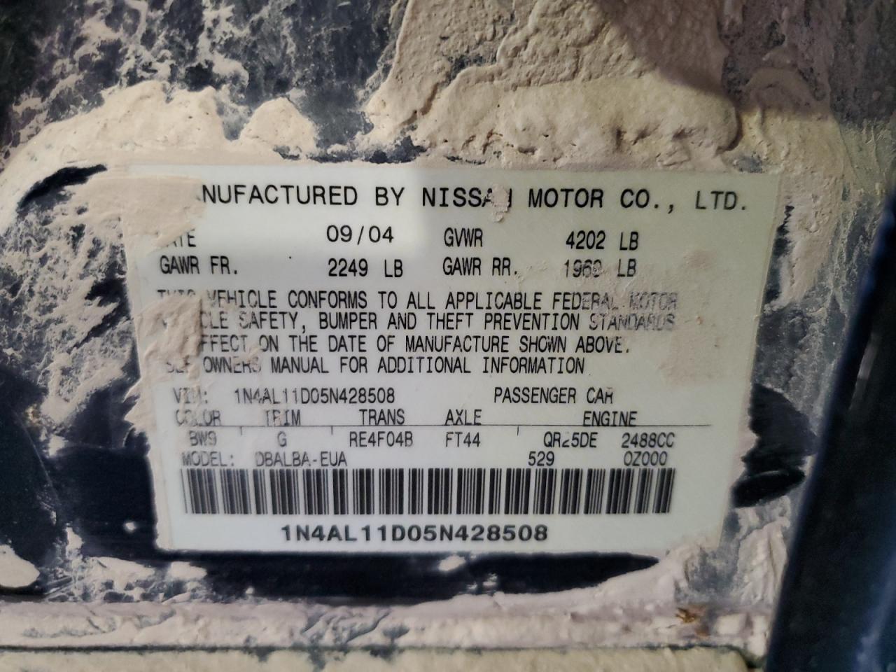 2005 Nissan Altima S VIN: 1N4AL11D05N428508 Lot: 56551585
