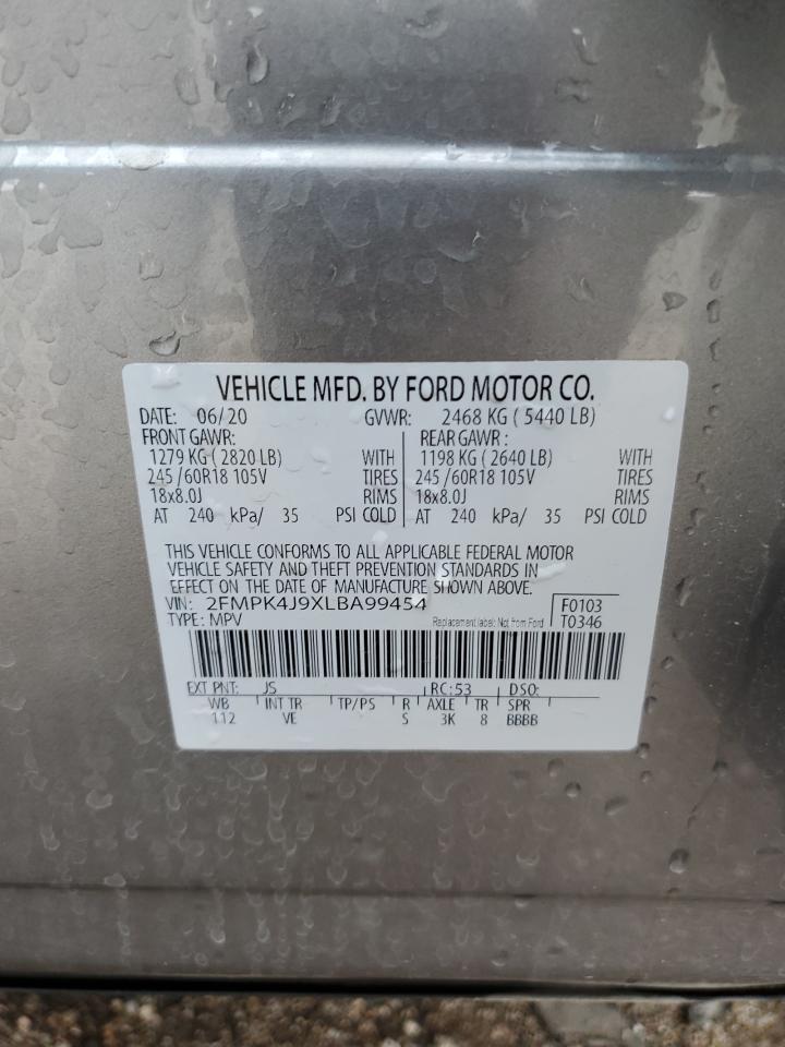 2020 Ford Edge Sel VIN: 2FMPK4J9XLBA99454 Lot: 57382645