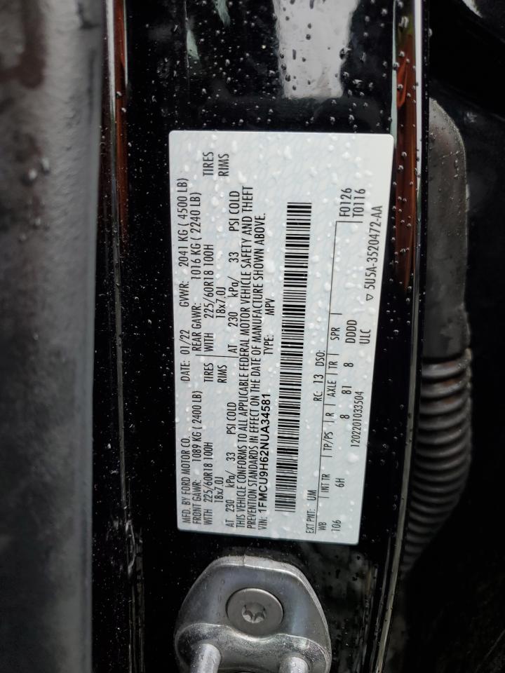 2022 Ford Escape Sel VIN: 1FMCU9H62NUA34581 Lot: 56380825