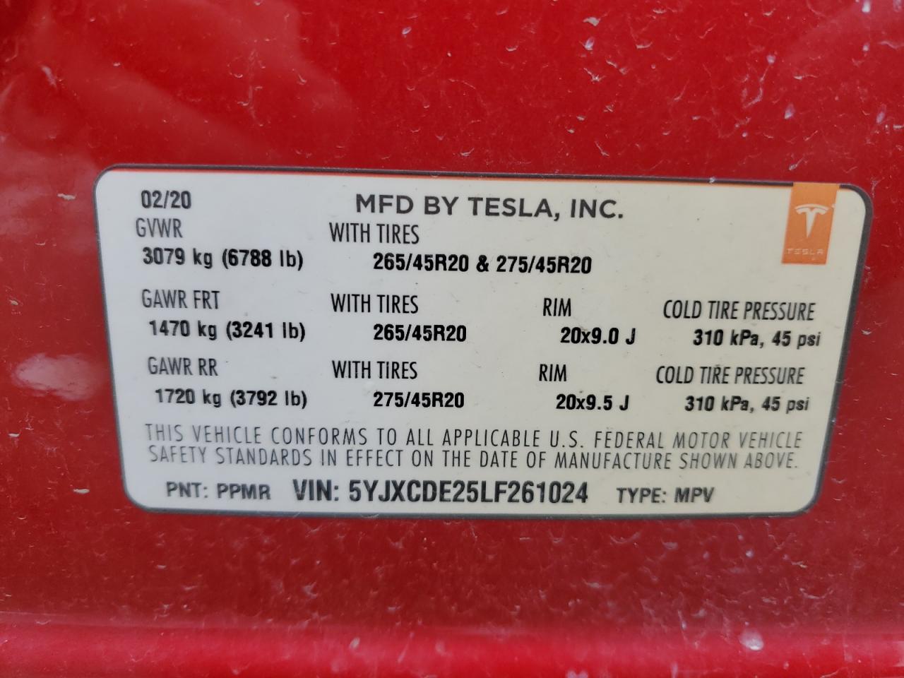 2020 Tesla Model X VIN: 5YJXCDE25LF261024 Lot: 57882735