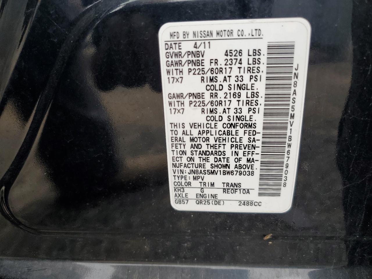 2011 Nissan Rogue S VIN: JN8AS5MV1BW679038 Lot: 56932655