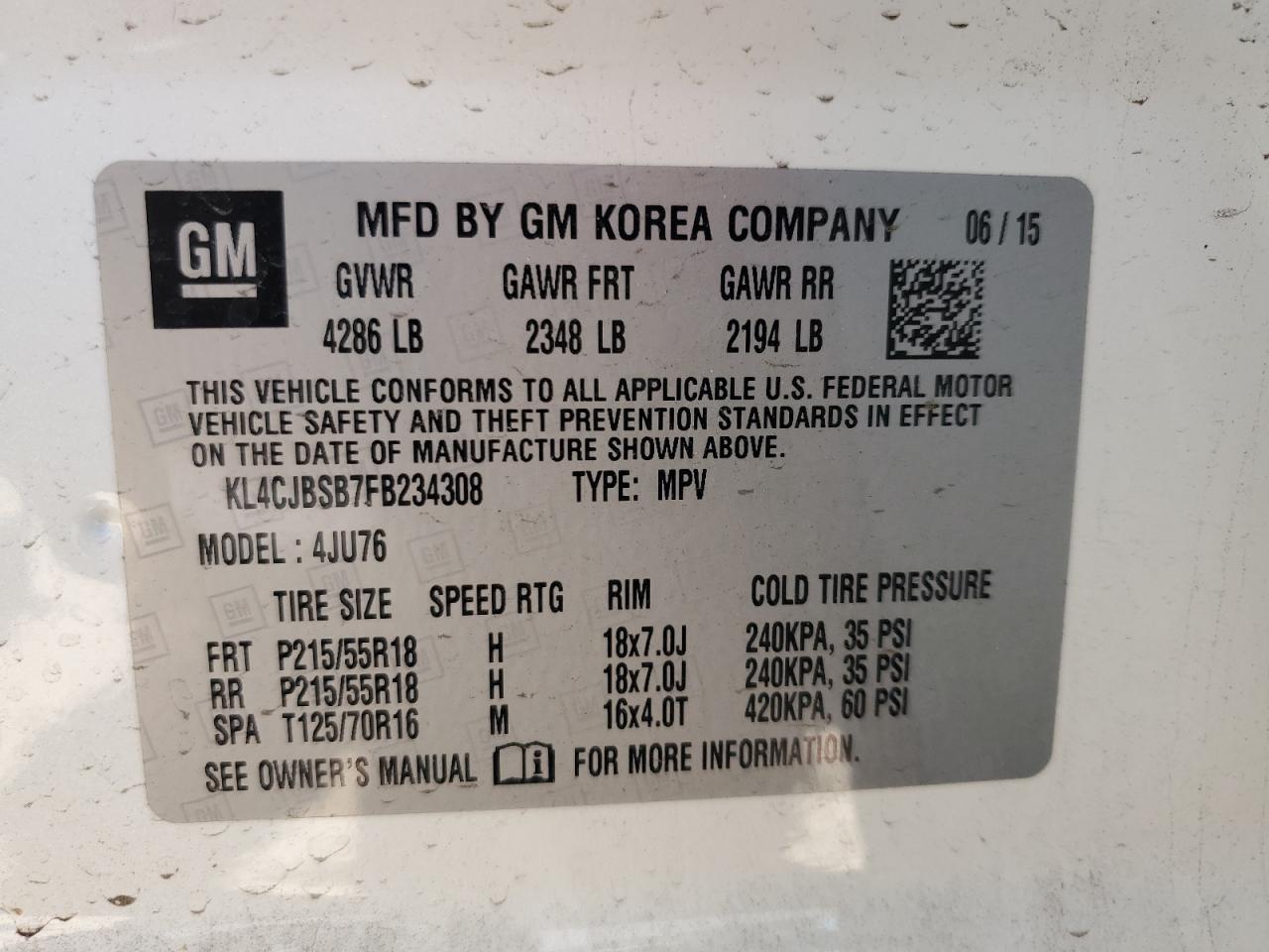2015 Buick Encore Convenience VIN: KL4CJBSB7FB234308 Lot: 56804575