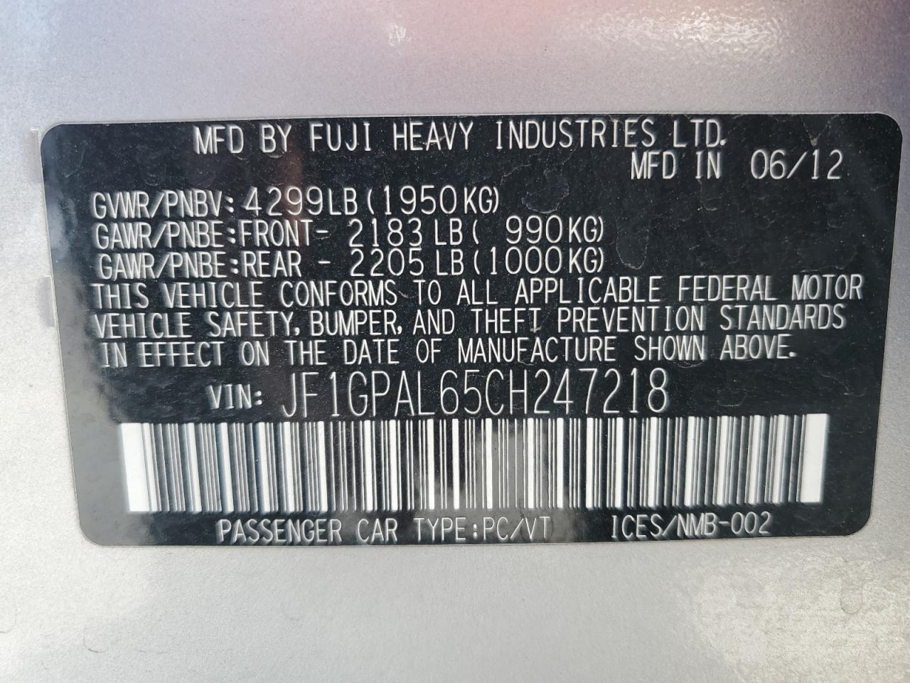 2012 Subaru Impreza Sport Premium VIN: JF1GPAL65CH247218 Lot: 56182725