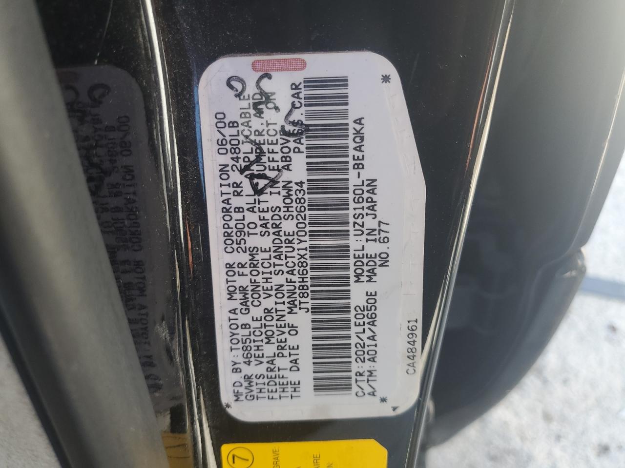 2000 Lexus Gs 400 VIN: JT8BH68X1Y0026834 Lot: 56291765