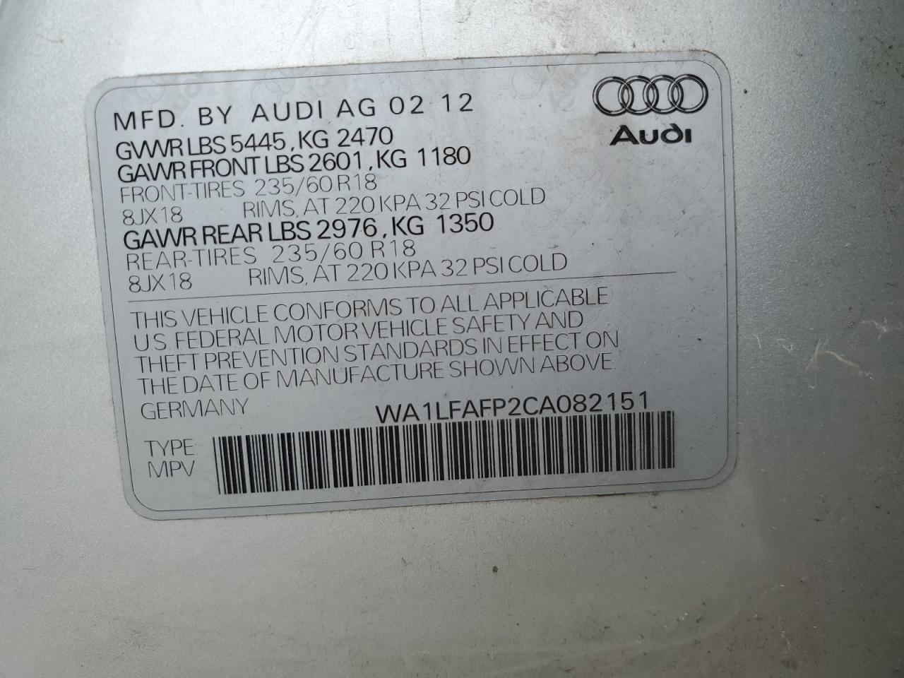 2012 Audi Q5 Premium Plus VIN: WA1LFAFP2CA082151 Lot: 57334665