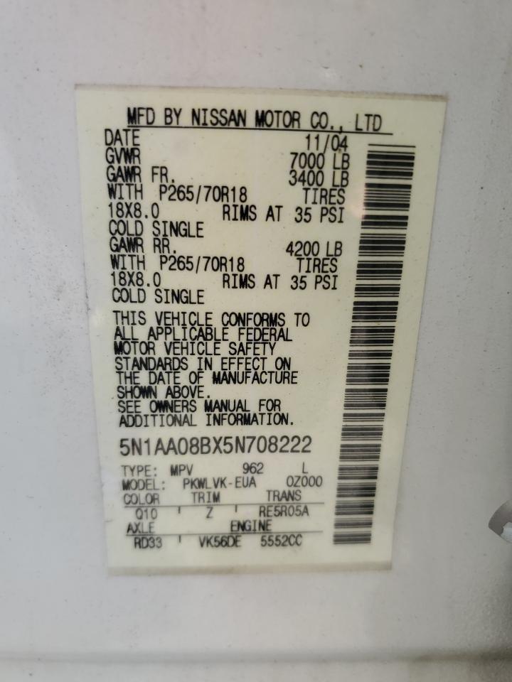2005 Nissan Armada Se VIN: 5N1AA08BX5N708222 Lot: 56585255