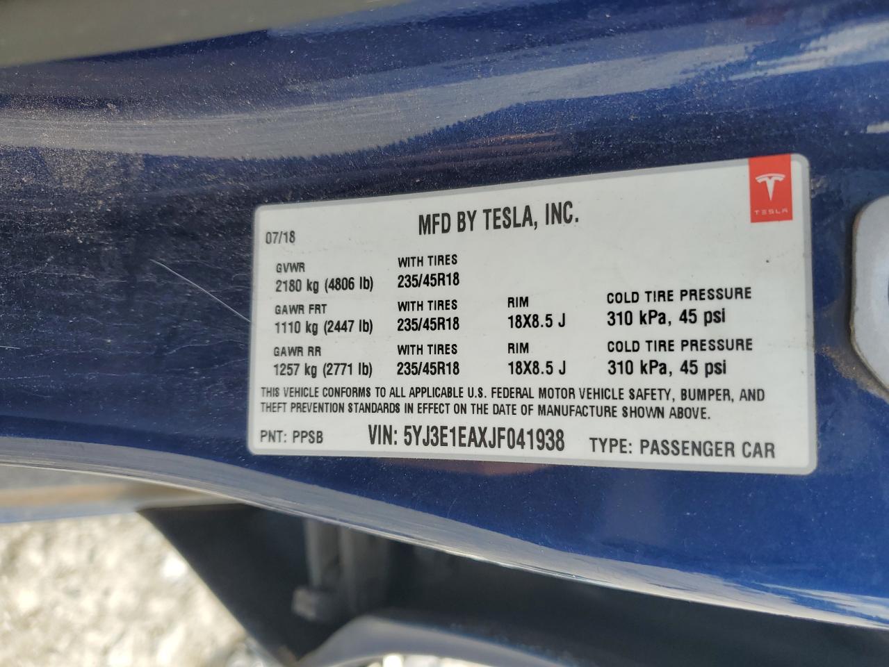 2018 Tesla Model 3 VIN: 5YJ3E1EAXJF041938 Lot: 56749105