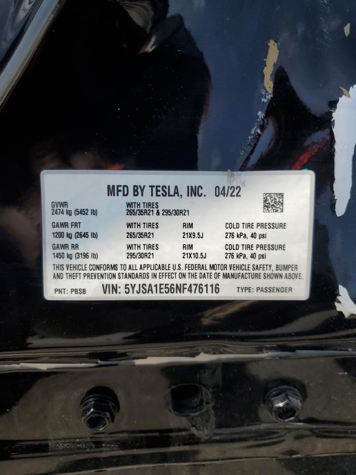 2022 Tesla Model S VIN: 5YJSA1E56NF476116 Lot: 55952905