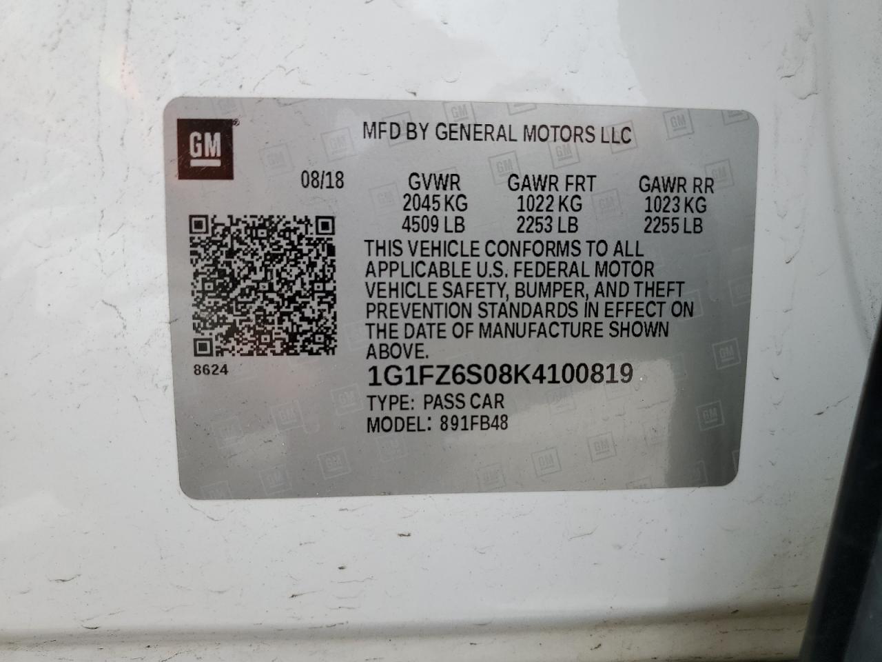 2019 Chevrolet Bolt Ev Premier VIN: 1G1FZ6S08K4100819 Lot: 56694705