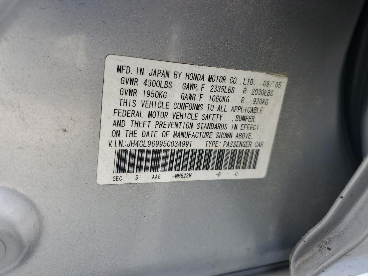 2005 Acura Tsx VIN: JH4CL96995C034991 Lot: 55812695