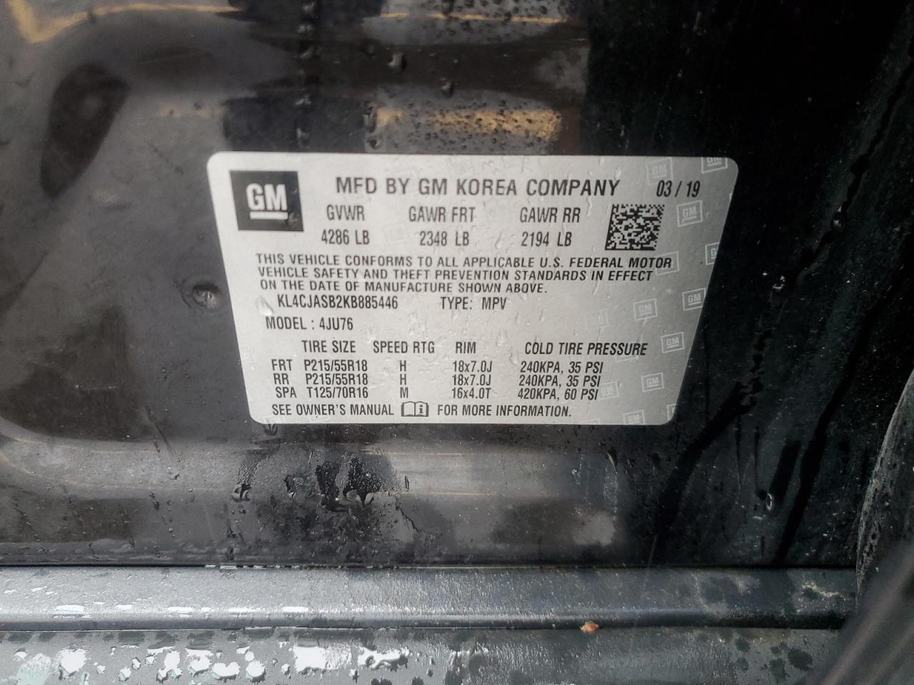 2019 Buick Encore Preferred VIN: KL4CJASB2KB885446 Lot: 55140485