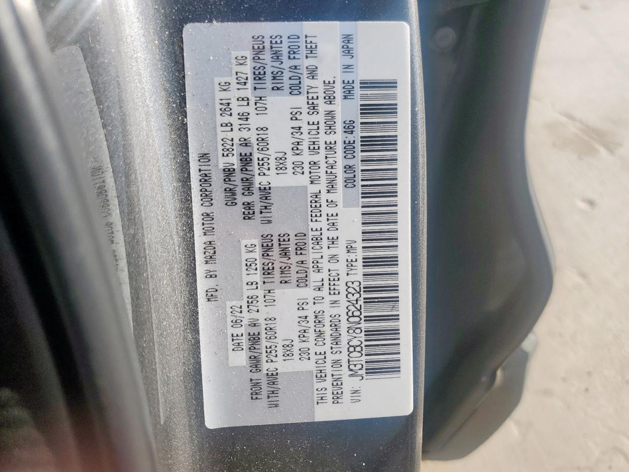 2022 Mazda Cx-9 Touring VIN: JM3TCBCY8N0624323 Lot: 56530965