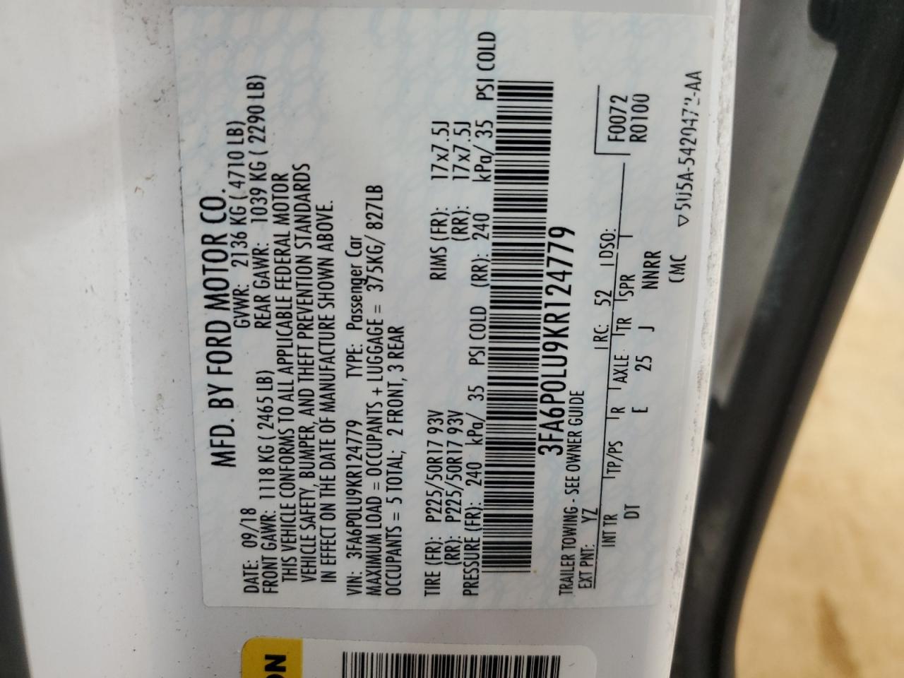 2019 Ford Fusion Se VIN: 3FA6P0LU9KR124779 Lot: 54038485