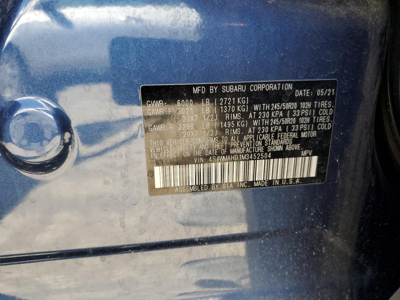 2021 Subaru Ascent Premium VIN: 4S4WMAHD1M3452504 Lot: 57557955