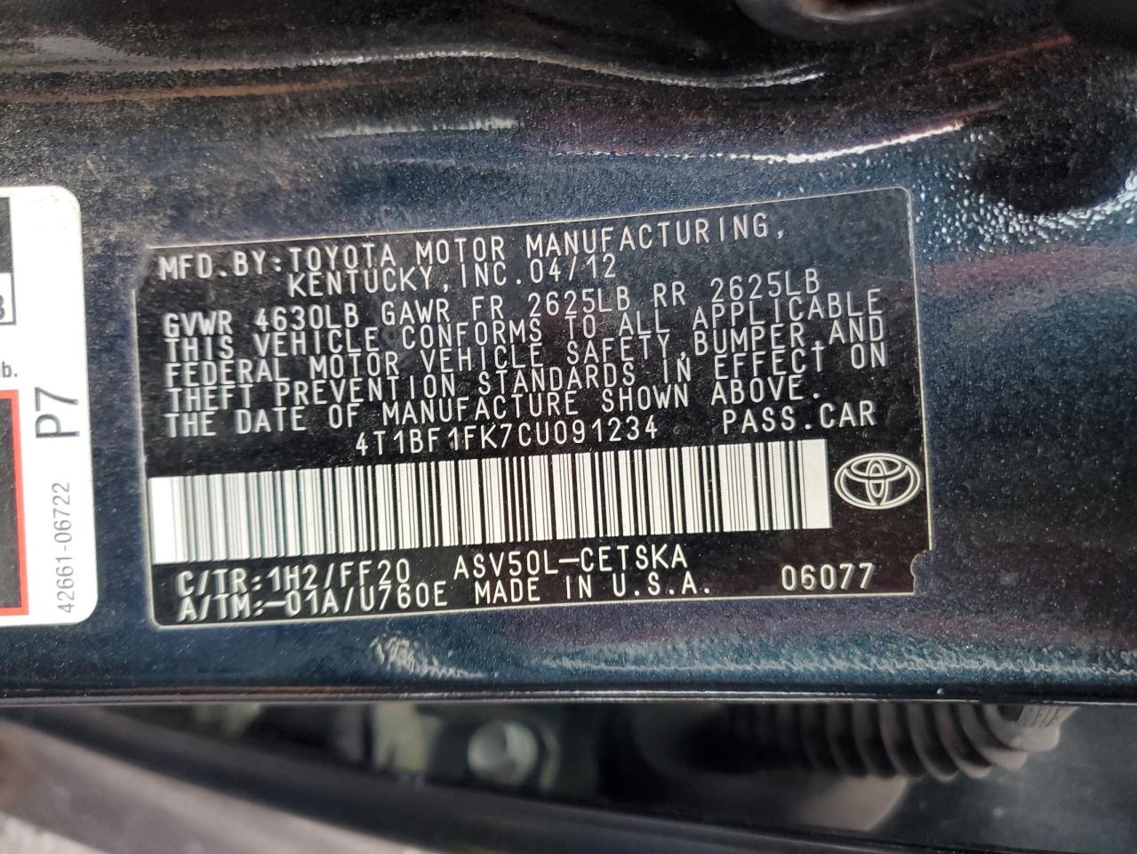 2012 Toyota Camry Base VIN: 4T1BF1FK7CU091234 Lot: 58096365