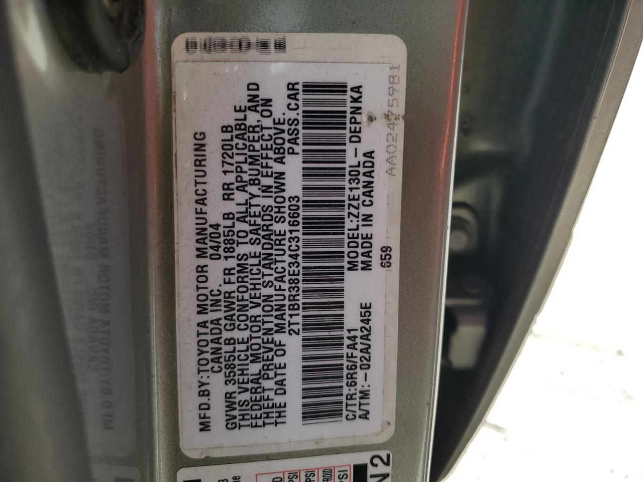 2004 Toyota Corolla Ce VIN: 2T1BR38E34C316603 Lot: 56742745