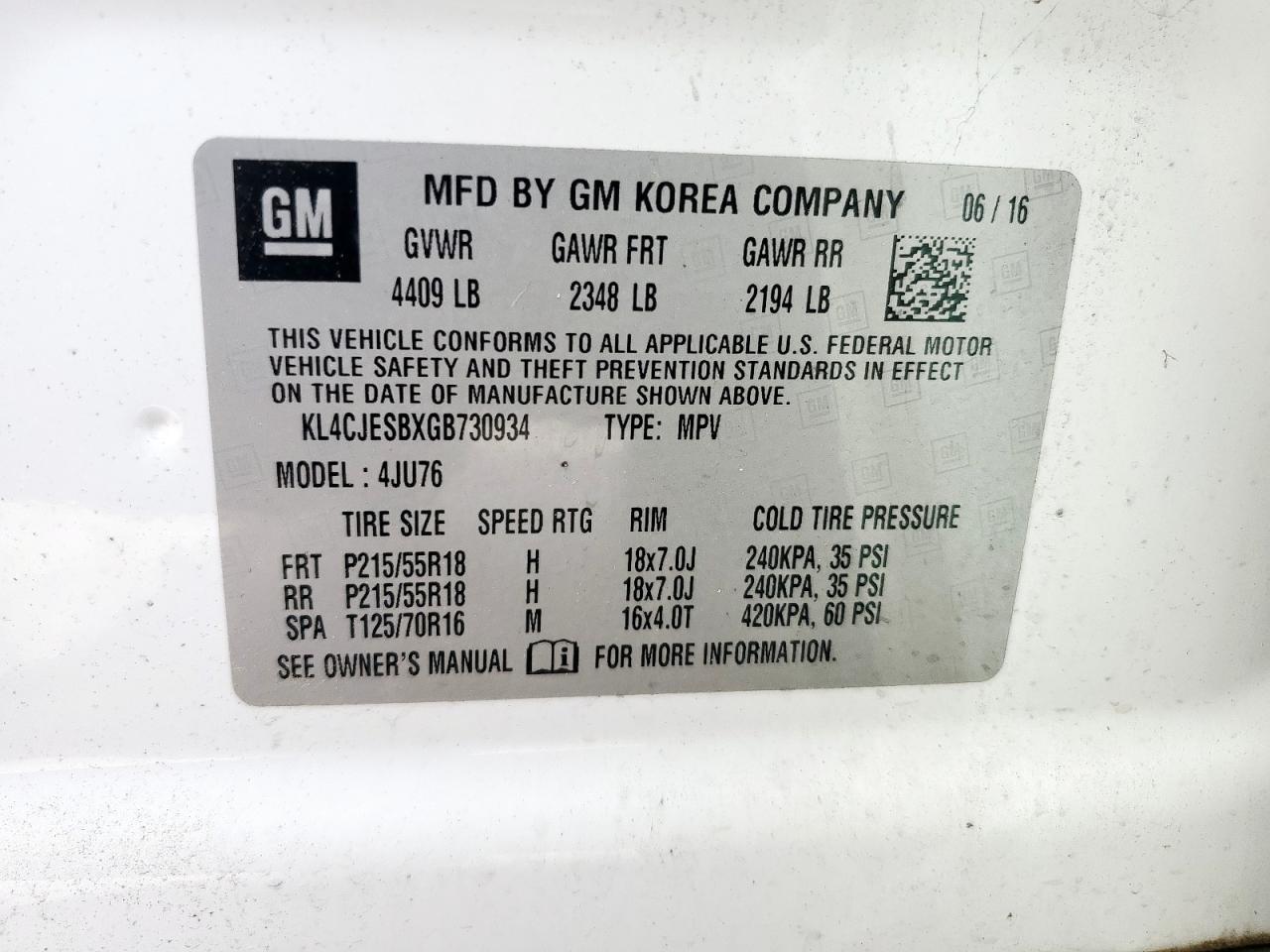 2016 Buick Encore VIN: KL4CJESBXGB730934 Lot: 57067715