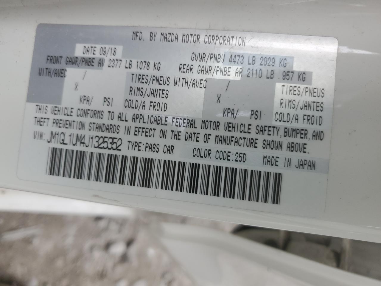 2018 Mazda 6 Sport VIN: JM1GL1UM4J1325352 Lot: 58731125