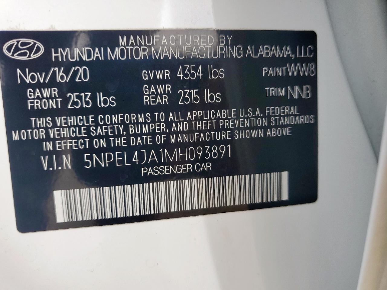 2021 Hyundai Sonata Sel VIN: 5NPEL4JA1MH093891 Lot: 55035405