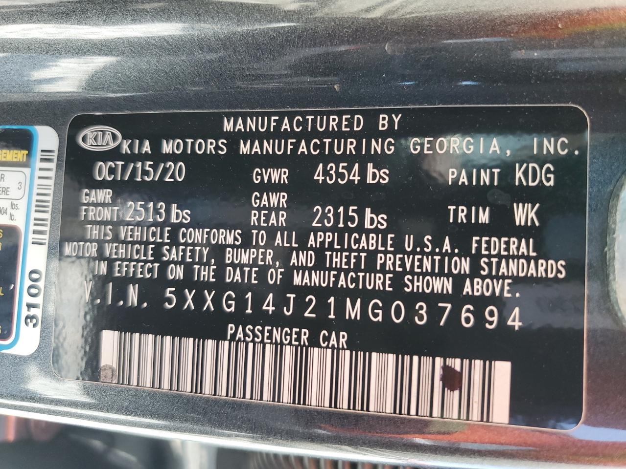 2021 Kia K5 Lxs VIN: 5XXG14J21MG037694 Lot: 57452355