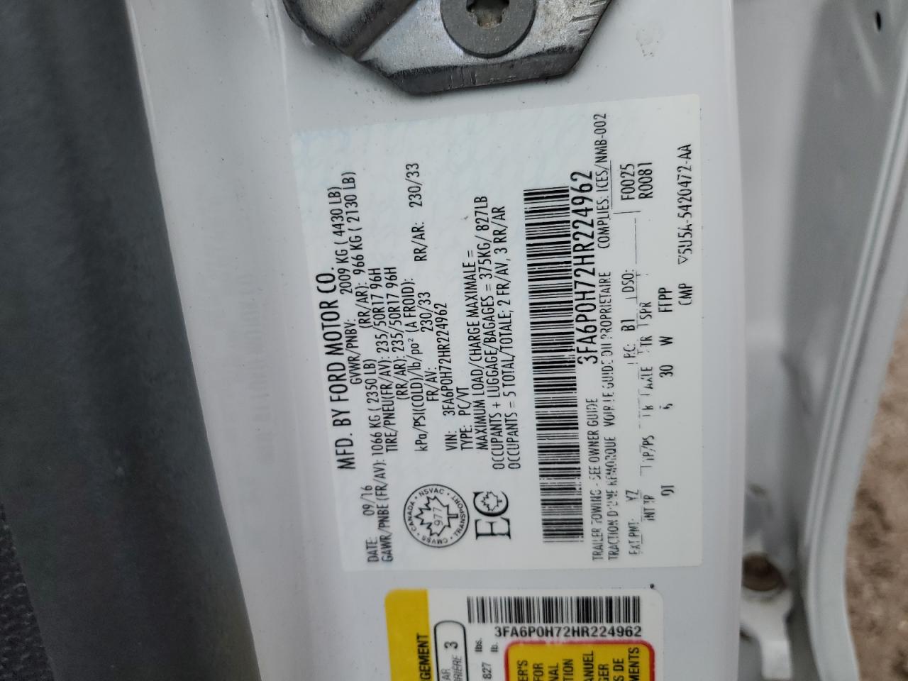2017 Ford Fusion Se VIN: 3FA6P0H72HR224962 Lot: 55431635