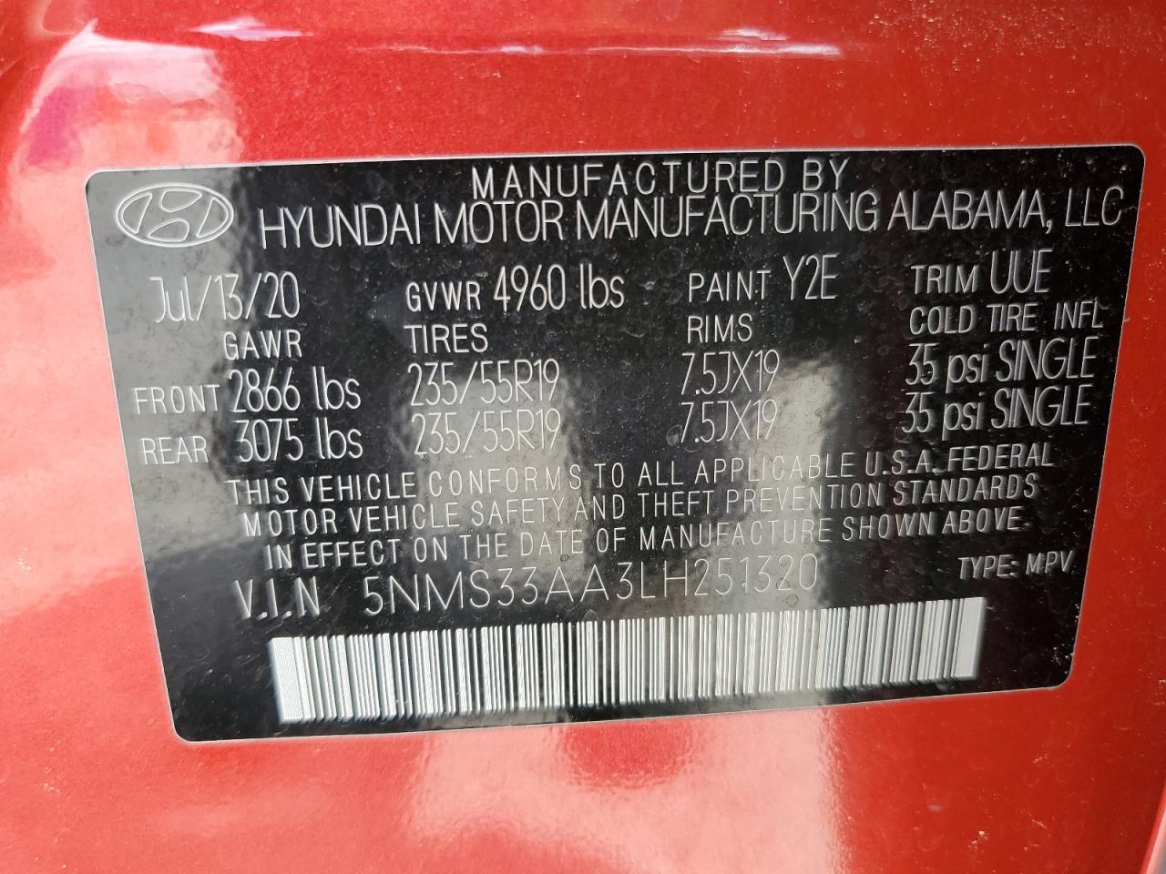 2020 Hyundai Santa Fe Sel VIN: 5NMS33AA3LH251320 Lot: 56718035