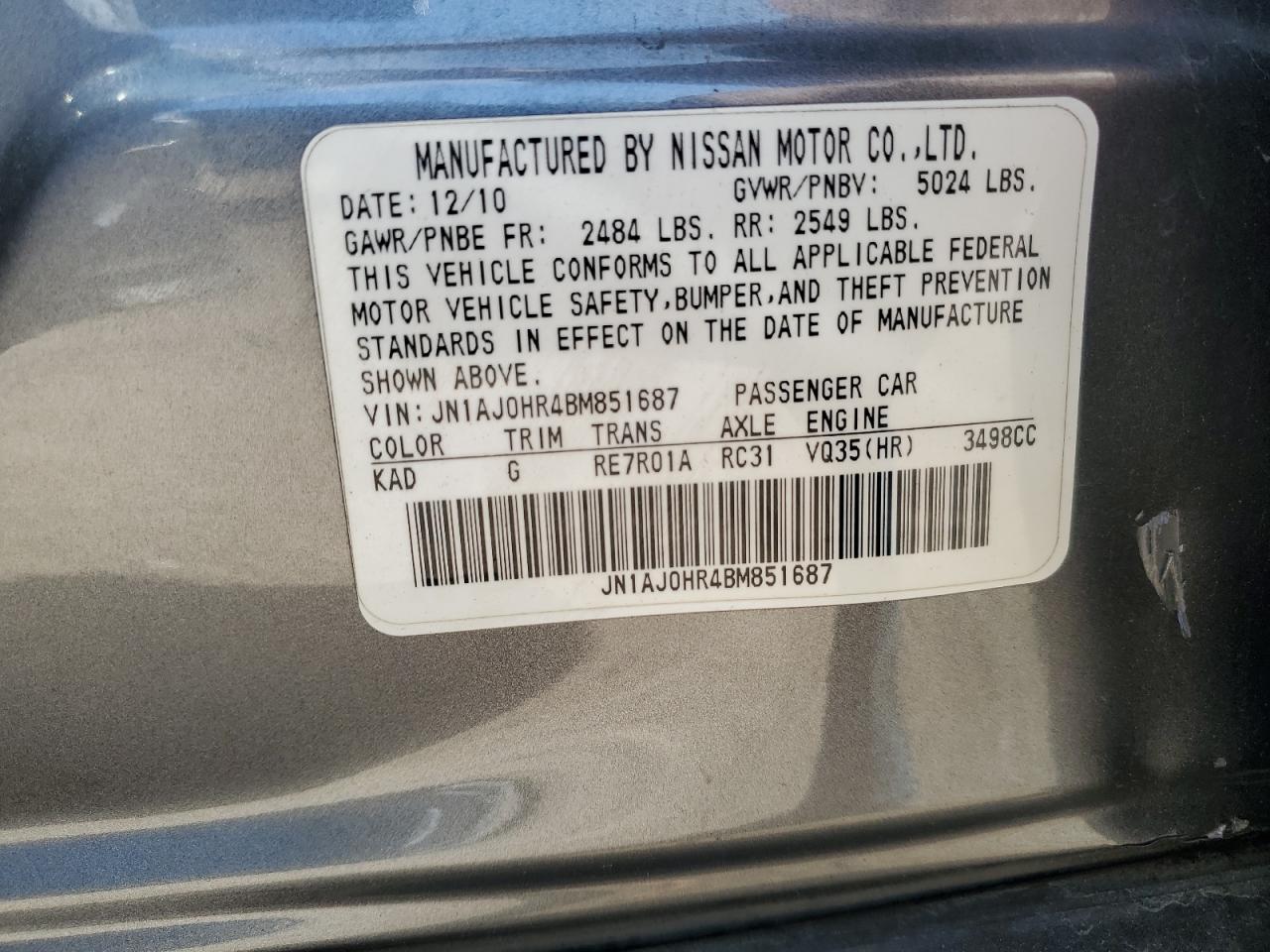 2011 Infiniti Ex35 Base VIN: JN1AJ0HR4BM851687 Lot: 55269155