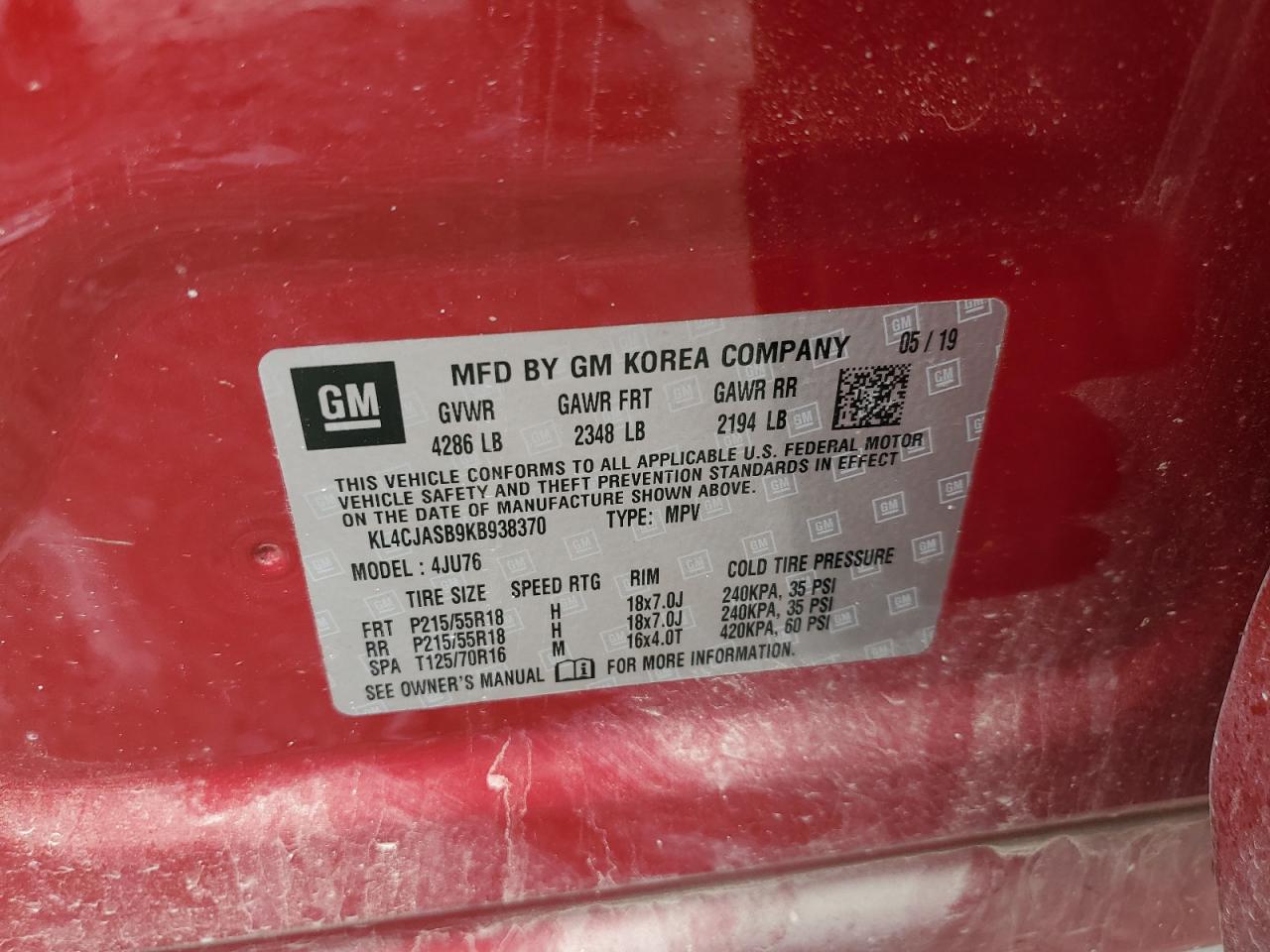2019 Buick Encore Preferred VIN: KL4CJASB9KB938370 Lot: 56281665