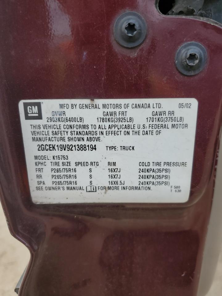 2002 Chevrolet Silverado K1500 VIN: 2GCEK19V921388194 Lot: 58450925