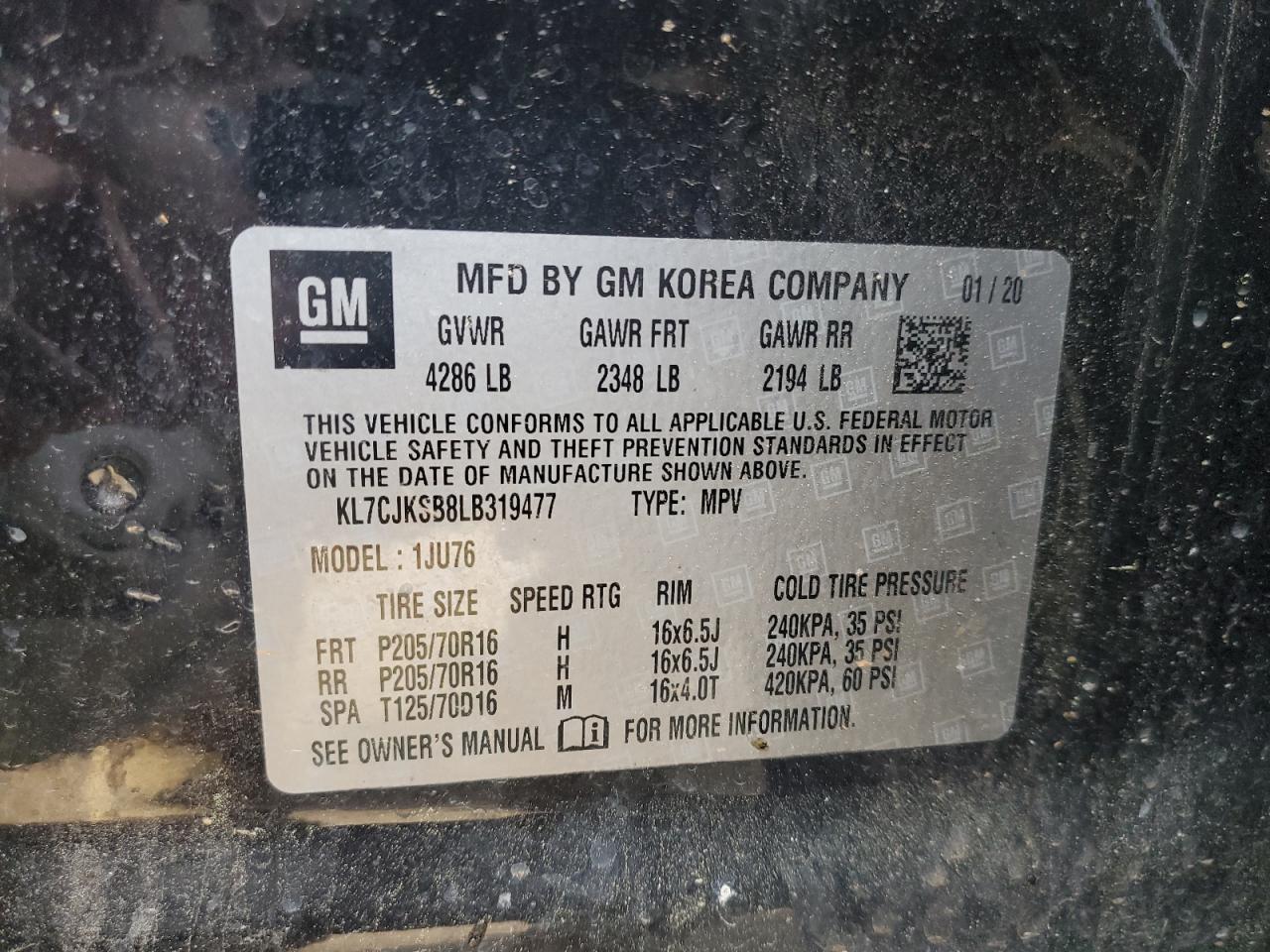 2020 Chevrolet Trax Ls VIN: KL7CJKSB8LB319477 Lot: 56578265