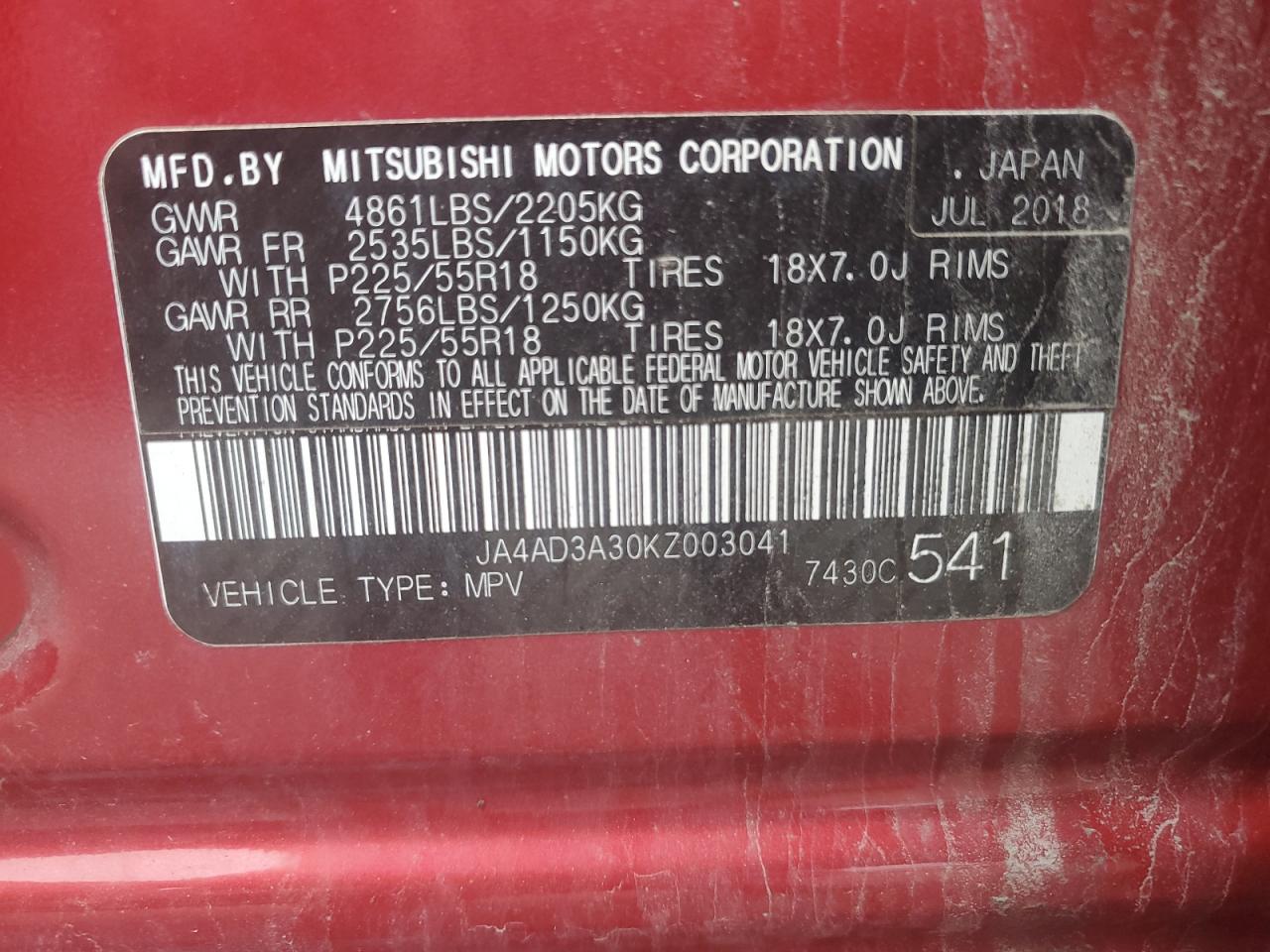 2019 Mitsubishi Outlander Se VIN: JA4AD3A30KZ003041 Lot: 56803575