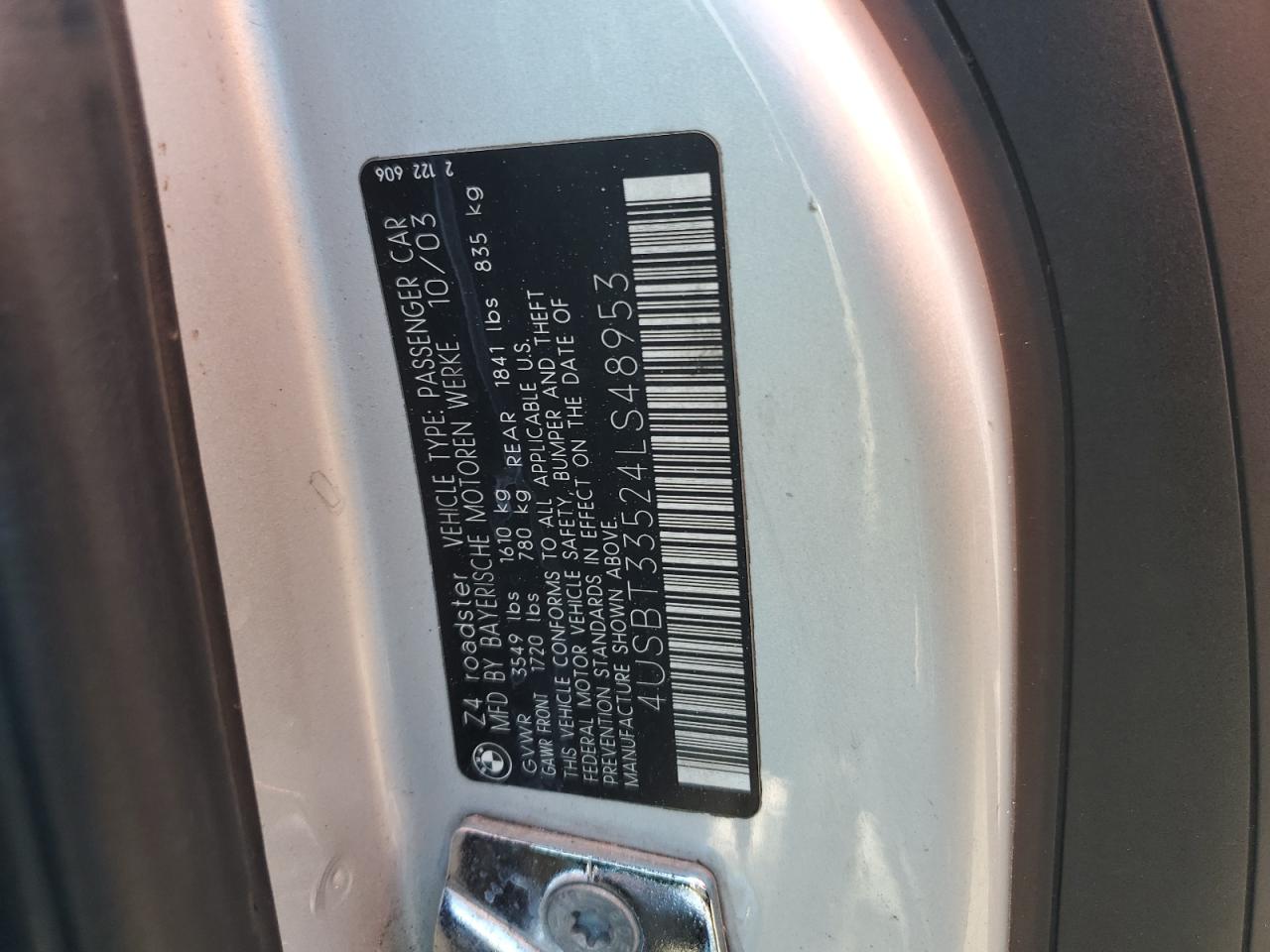 2004 BMW Z4 2.5 VIN: 4USBT33524LS48953 Lot: 56160315