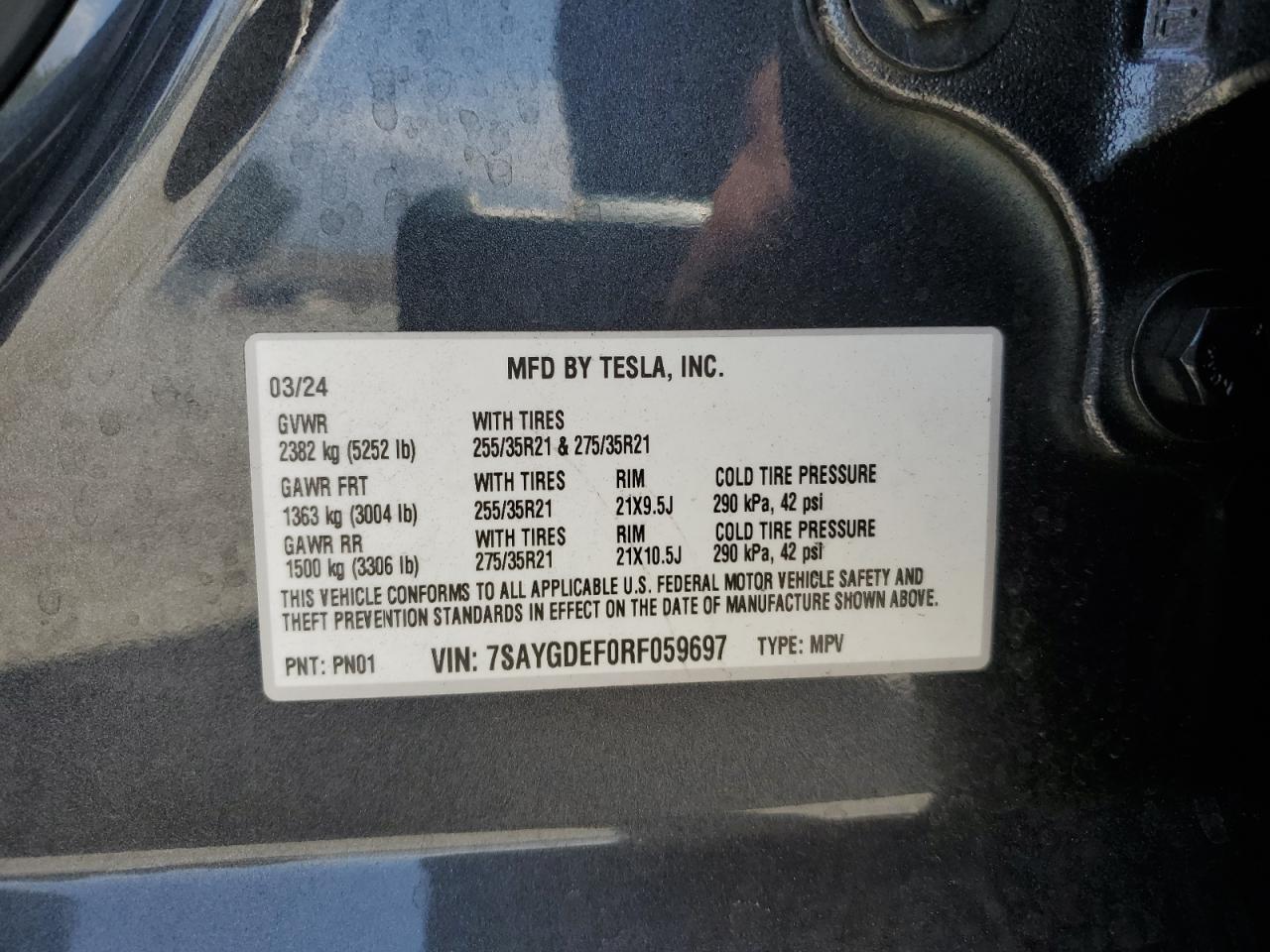 2024 Tesla Model Y VIN: 7SAYGDEF0RF059697 Lot: 57507415