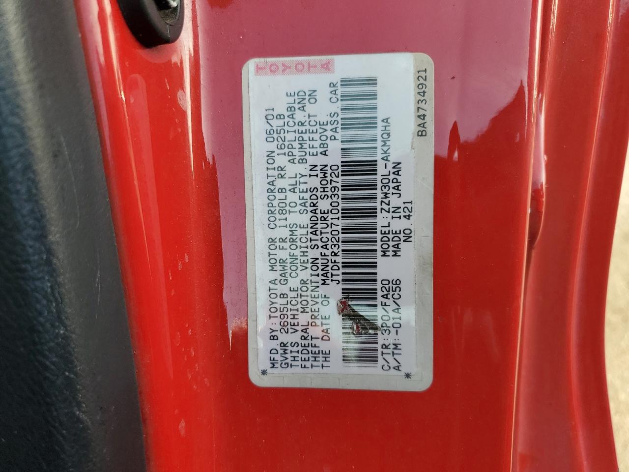 2001 Toyota Mr2 Spyder VIN: JTDFR320710039720 Lot: 56130665